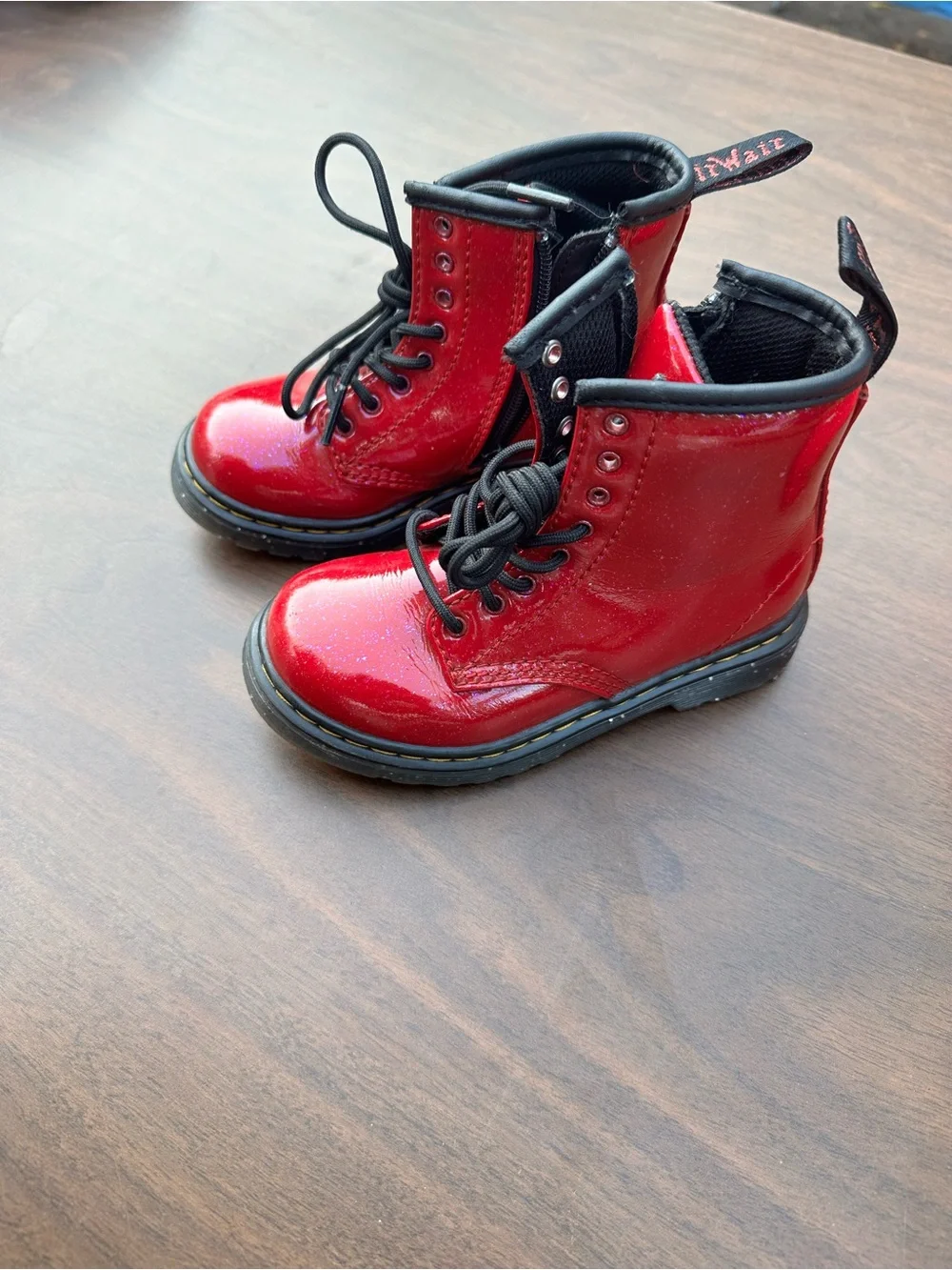 Dr. Martens Red Patent Lace-Up Boots with Black Interior